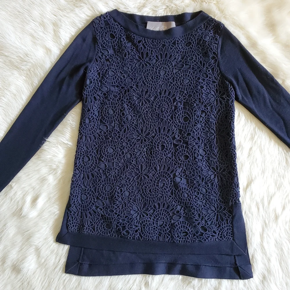 Lela Rose Navy Blue Lace and Cashmere Blend Sweater Size Small